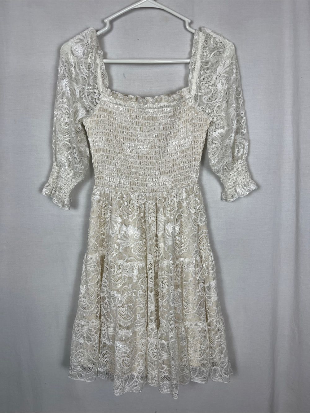 Baltic Born Smocked White and Cream Lace Midi Short Sleeve Dress